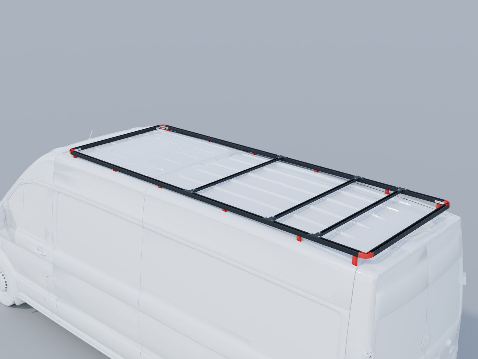 A Halo rack on a van, corners and spacers shown in red